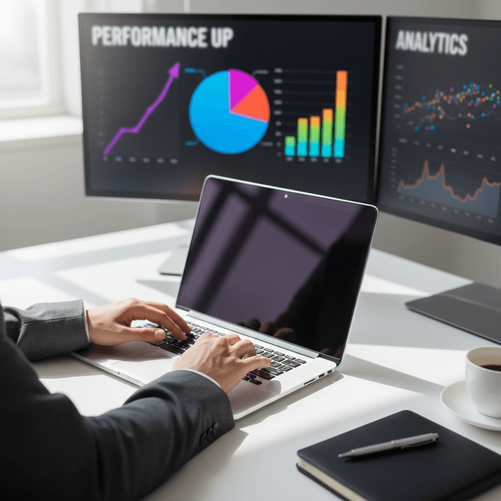 Digital marketing professional analyzing campaign performance on laptop